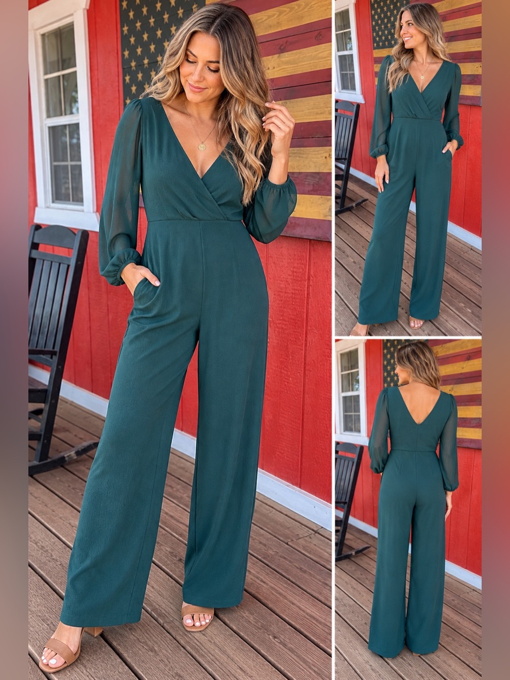 Almost Famous Emerald Green Wide Leg Jumpsuit Sheer Long Sleeves V-Neck
